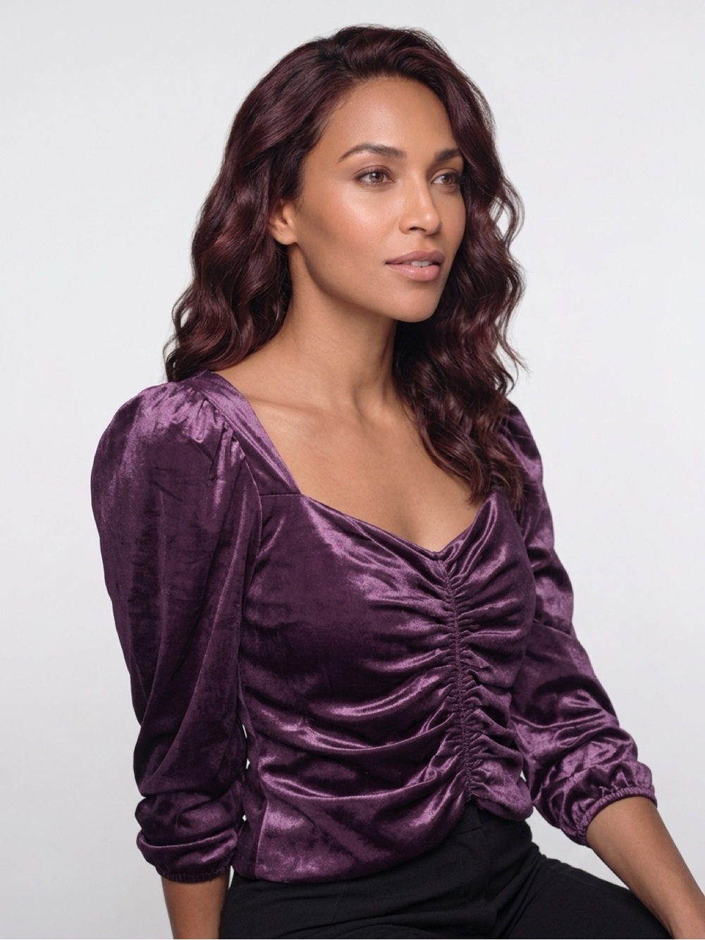 Express Velvet Ruched Square-Neck Top - Plum